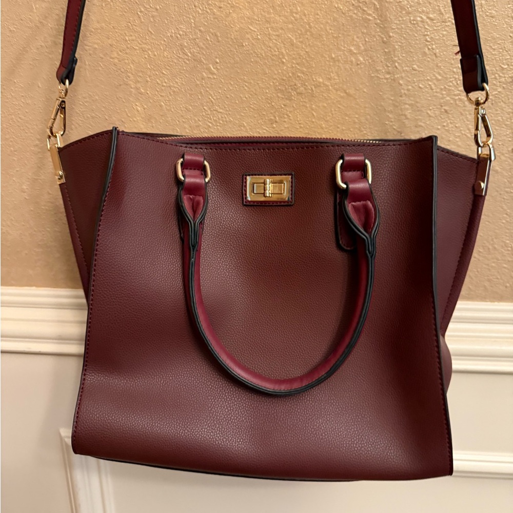 Burgundy Faux Leather Shoulder Bag with Gold Hardware and Adjustable Strap